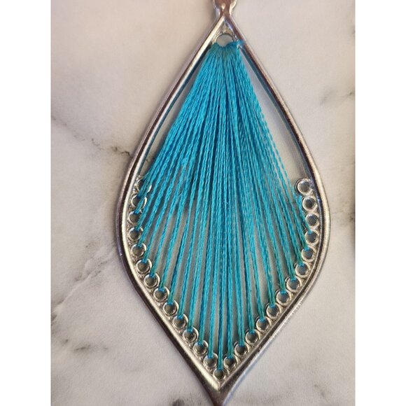 Silver & Blue Teardrop Thread Dangle Earrings Boho Chic Jewelry - Picture 5 of 5